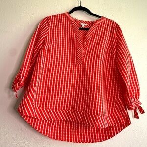 Crown & Ivy orange & white checked Women's Top w/ ties at cuff. Sz S.
